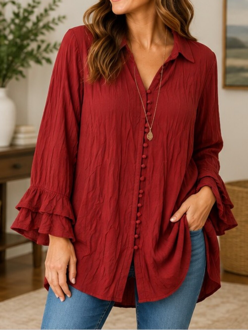 Soft Surroundings XL Brick Red Tunic Blouse Ruffle Sleeve Button Front